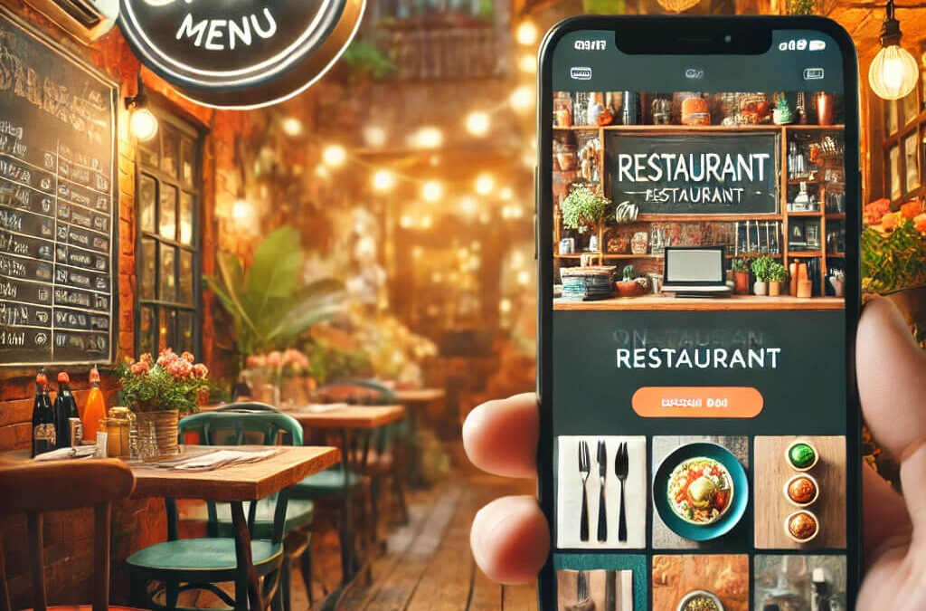 Eine gemütliche Café-Szene mit einer Tafel-Menükarte und einem Smartphone, das eine moderne Restaurant-Webseite mit Online-Reservierungsfunktion zeigt. Die Kombination von traditionellem Charme und digitaler Innovation.